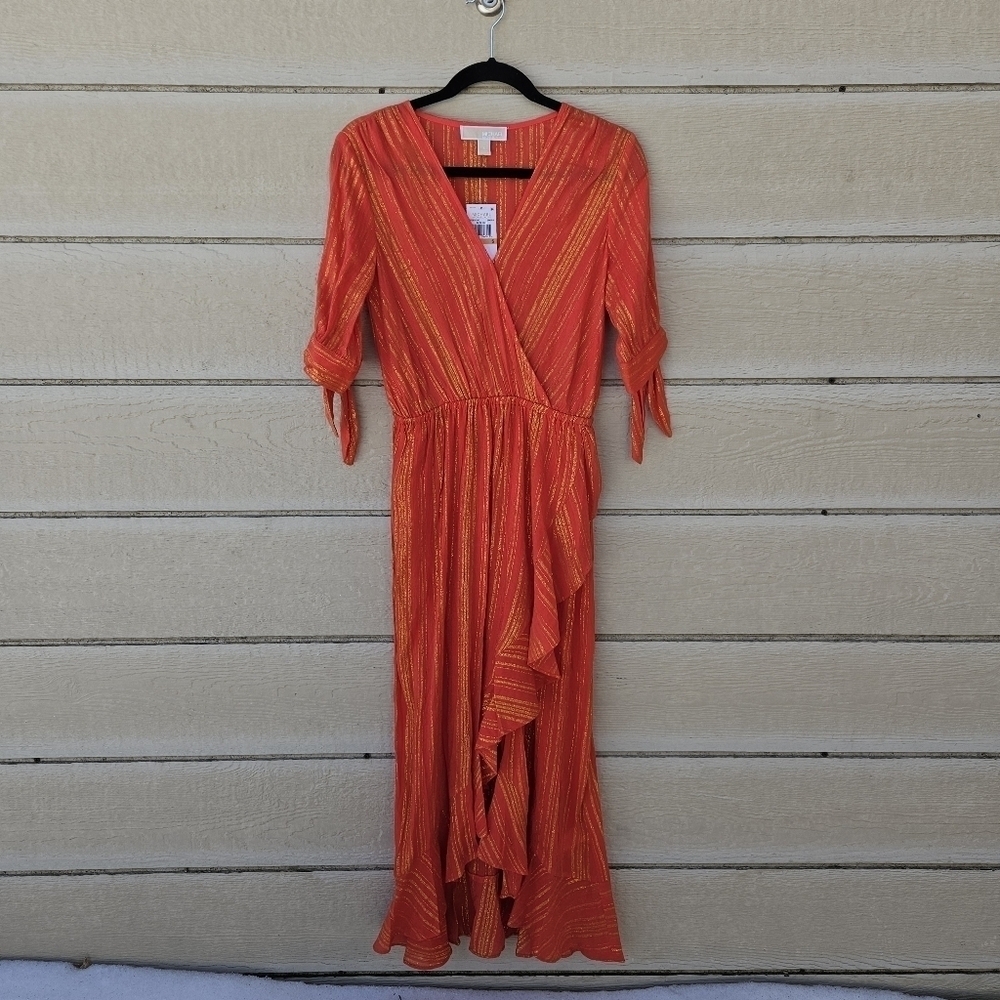 NWT Michael Kors coral red midi dress with tie sleeves and gold stripes small